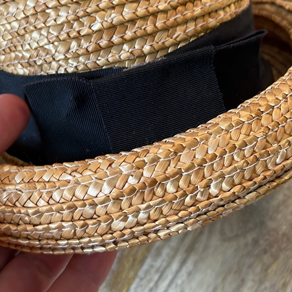 SUNDANCE Woven Straw Hat Curled Brim Black Gross-grain Ribbon Vtg Vibe Feminine - Picture 3 of 16